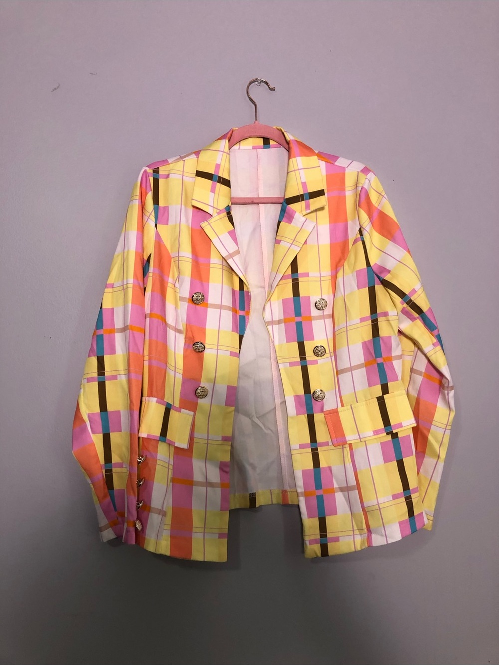 Pastel Plaid Double-Breasted Blazer in Yellow & Pink